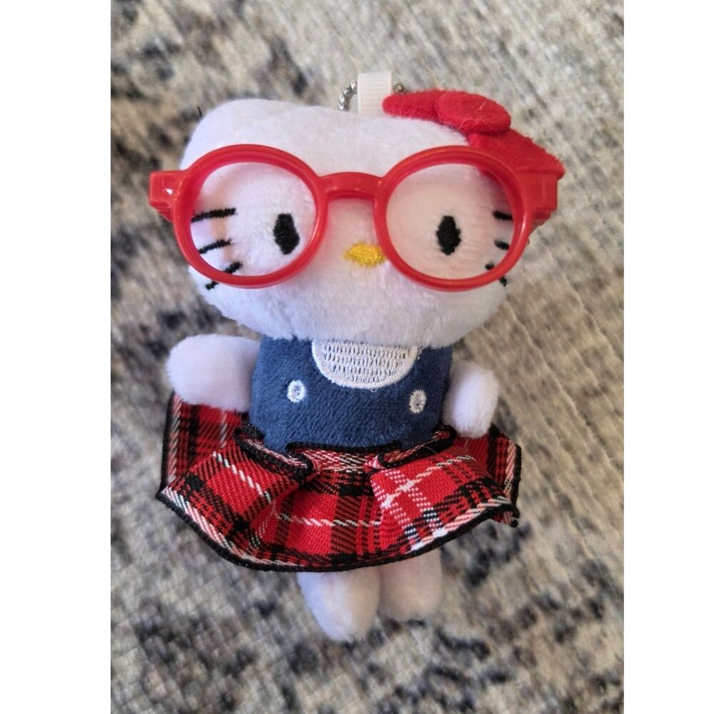 Sanrio Hello Kitty Plush Keyring with Red Glasses and Plaid Skirt